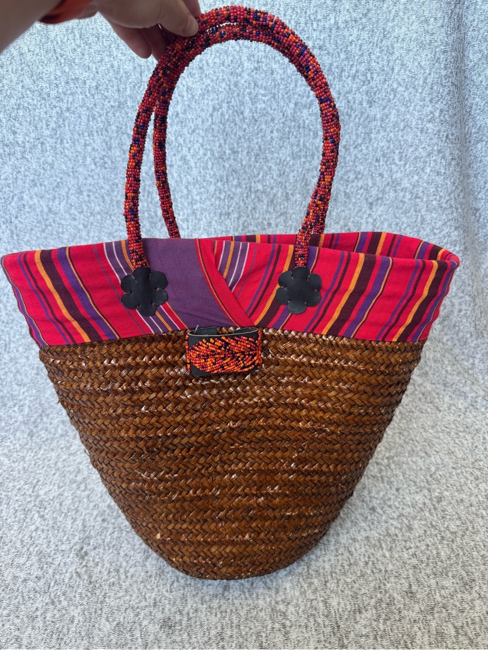 Handwoven Straw Tote with Red Multicolor Fabric Trim
